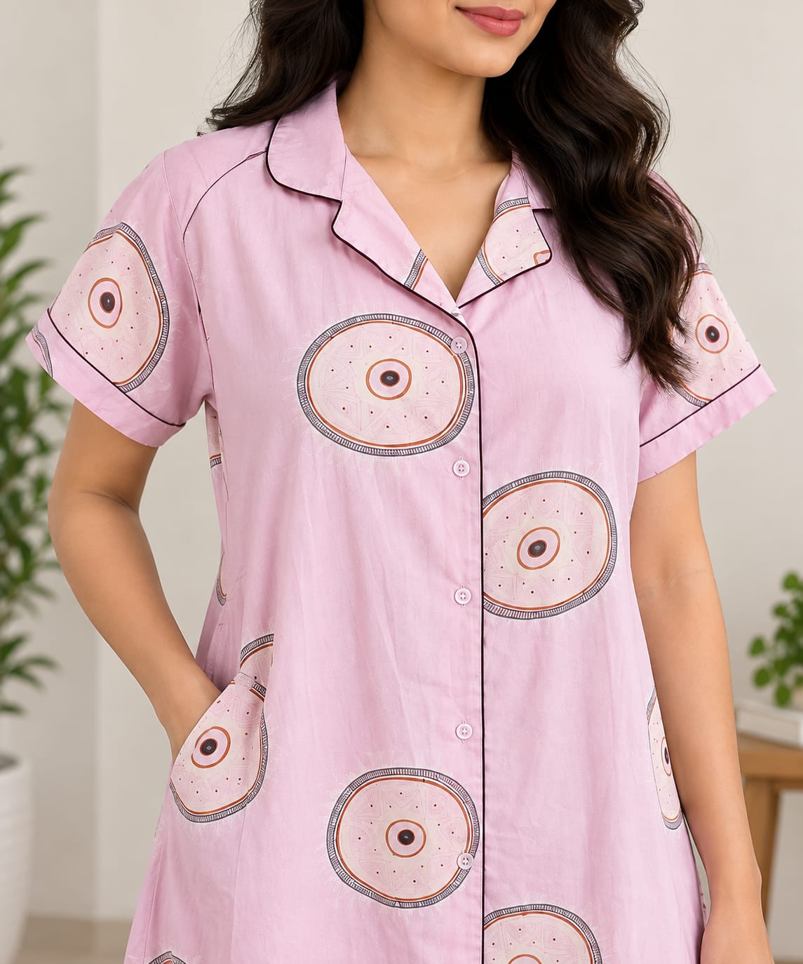 Pastel Pink Printed Alfine Full Open Long Polo Shirt Dress | Side Pocket | Free Size | Chest Width 44″| Length 44″