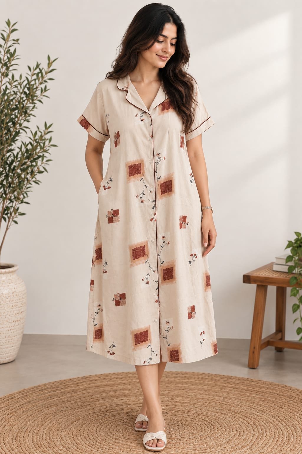 Pastel Brown Printed Alfine Full Open Long Polo Shirt Dress | Side Pocket | Free Size | Chest Width 44″| Length 44″
