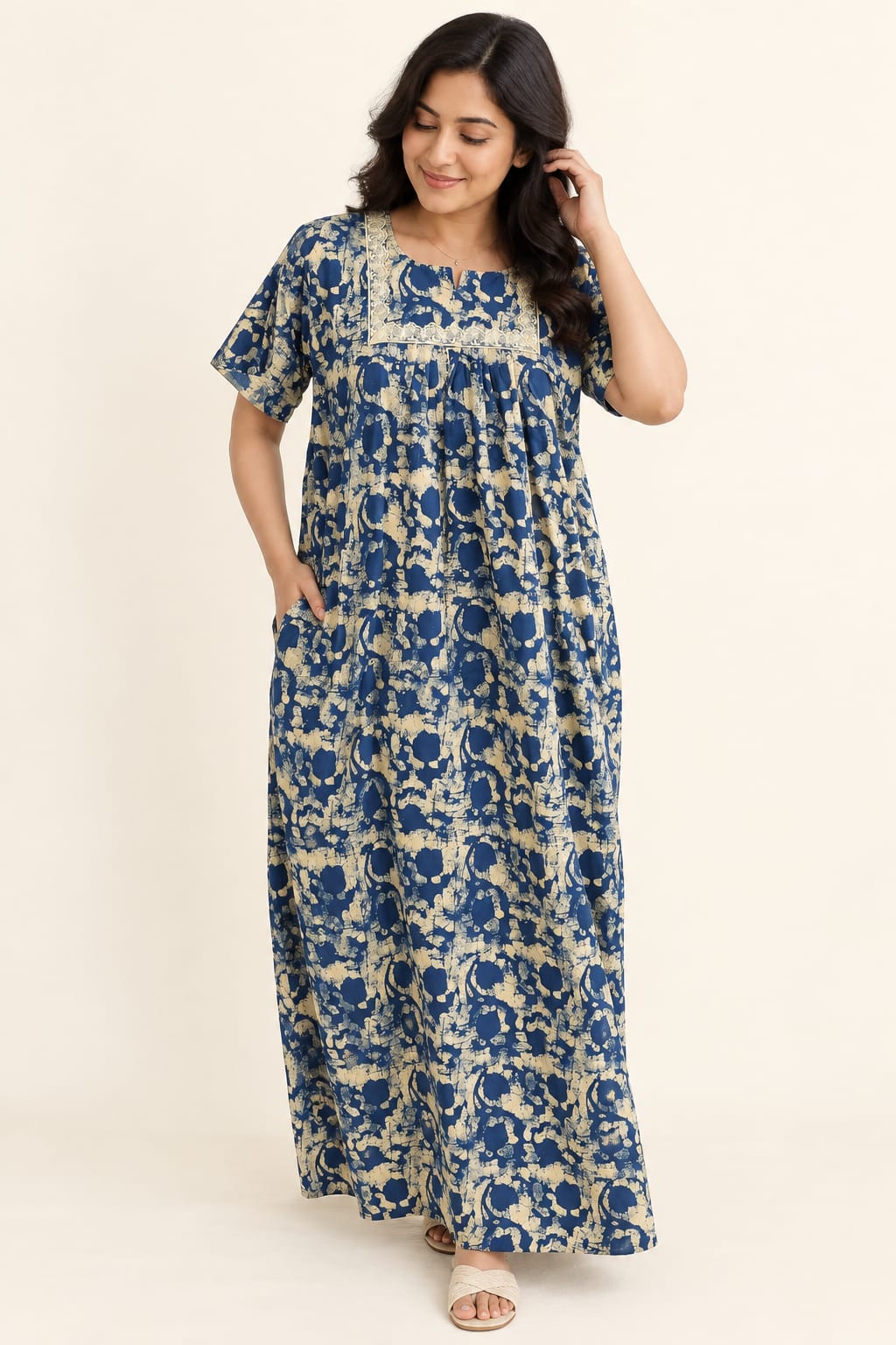 Cream Printed Blue Jaipur Cotton No Zip Pleated Nighty | Free Size | Chest Width 44″| Length 56″