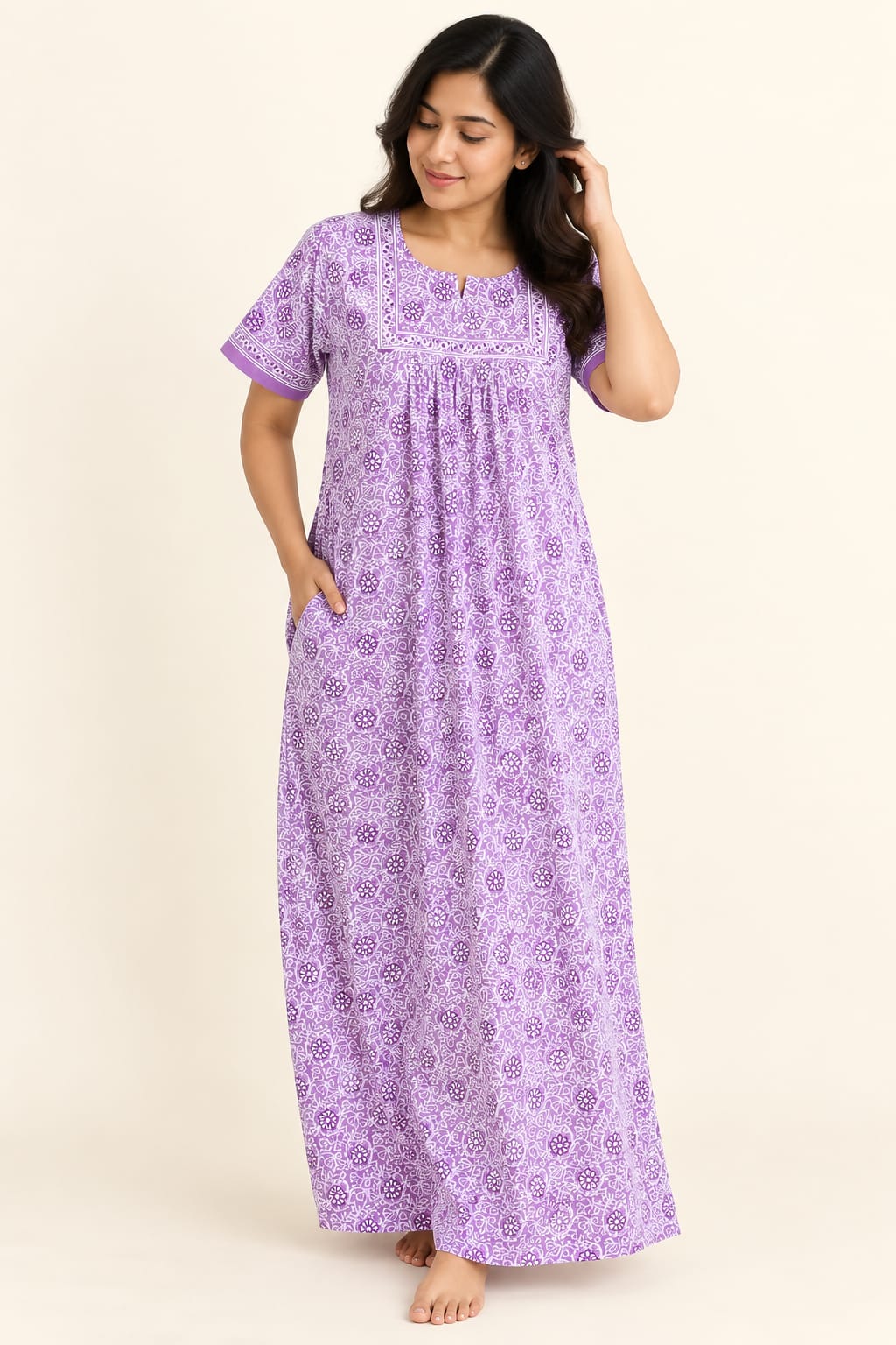 Lavender Floral Printed Jaipur Cotton No Zip Pleated Nighty | Free Size | Chest Width 44″| Length 56″