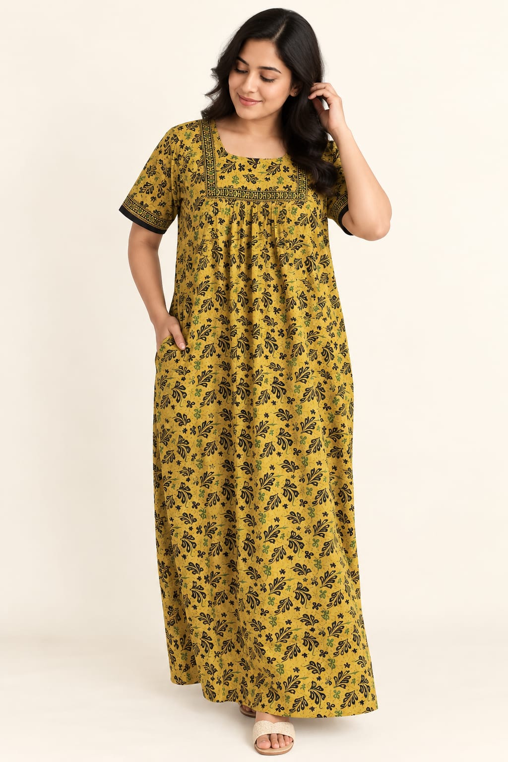 Black Floral Printed Yellow Jaipur Cotton No Zip Pleated Nighty | Free Size | Chest Width 44″| Length 56″