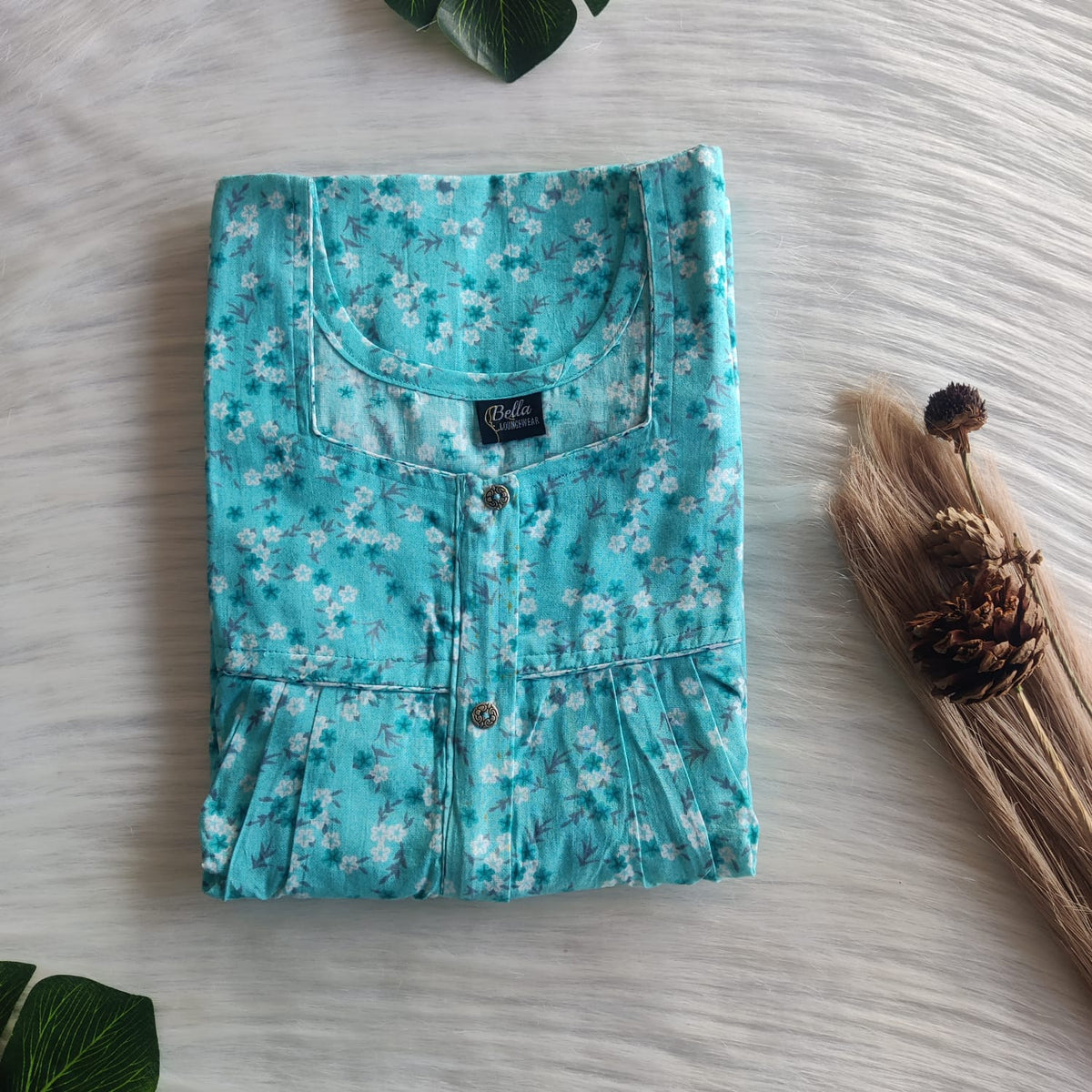 Garage Sale - Blue Floral Printed Cotton Button Zip Nighty | Free Size | Chest Width 44″| Length 55″-56″