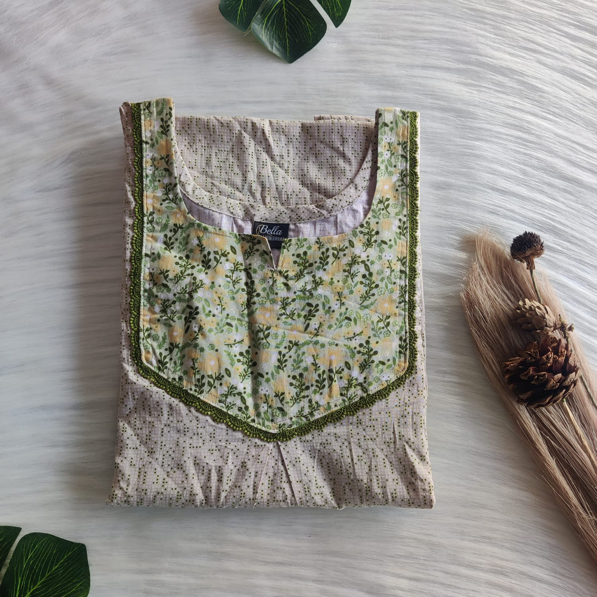 Garage Sale - Green And Pale Brown Printed Premium Cotton Mix N Match Lace Pocket Nighty | Free Size | Chest Width 44″| Length 56″