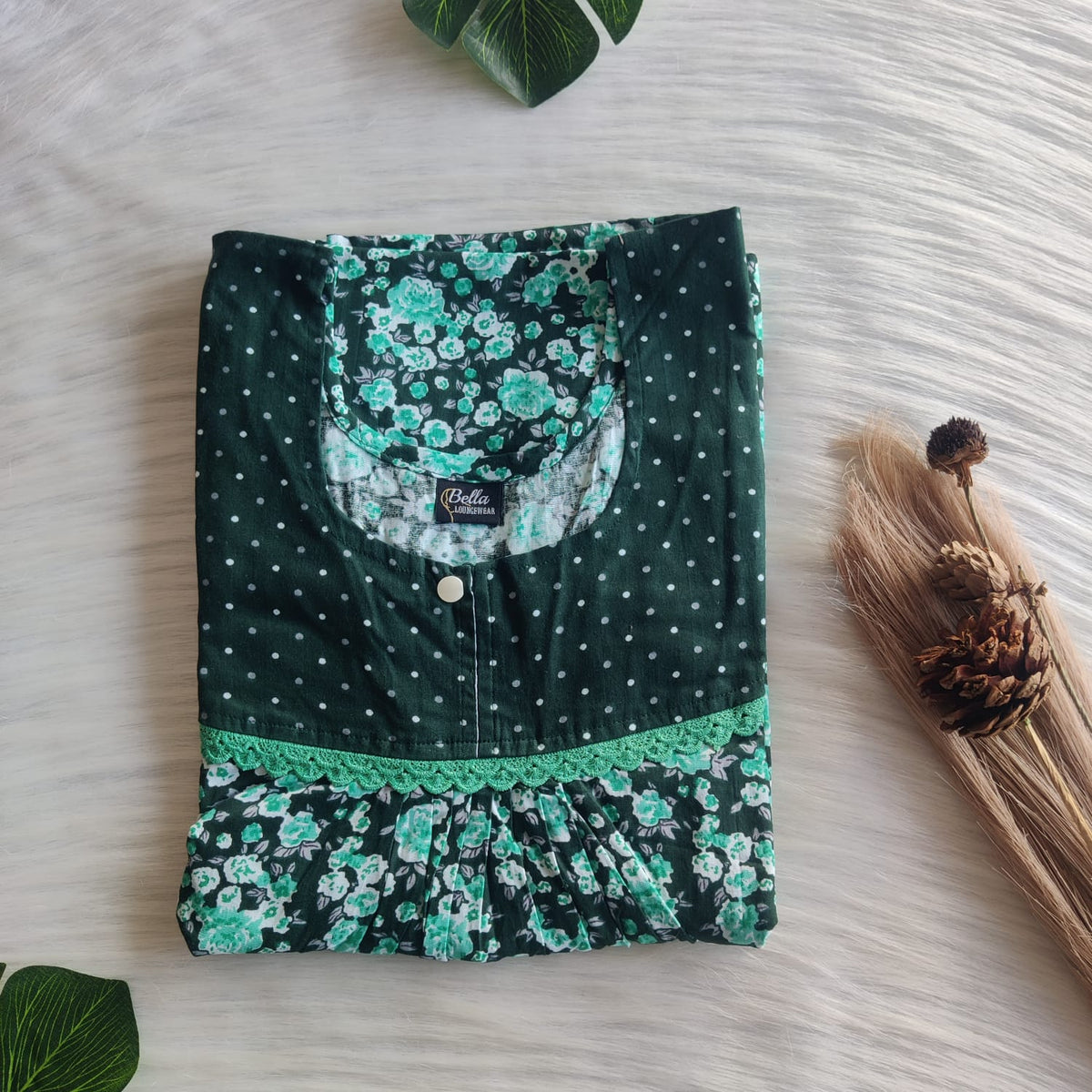 Garage Sale - Green Floral Printed Premium Cotton Lace Nighty | Free Size | Chest Width 44″| Length 54″-56″