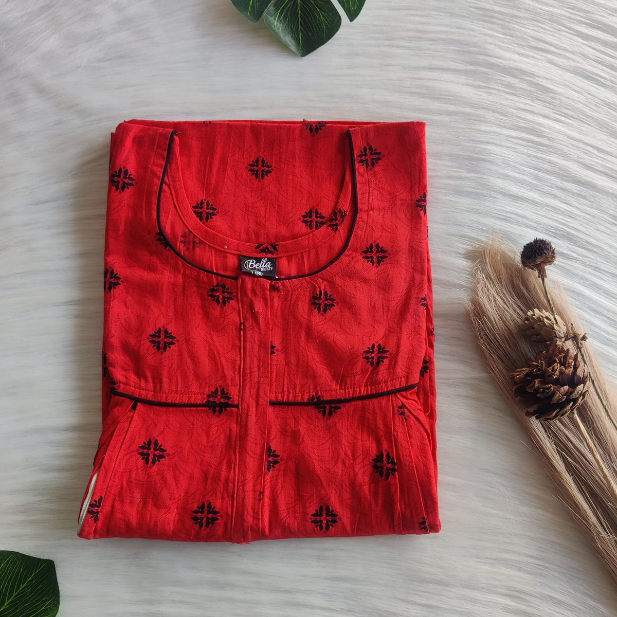 Garage Sale - Red Printed Cotton Button Zip Nighty | Free Size | Chest Width 44″| Length 55″-56″