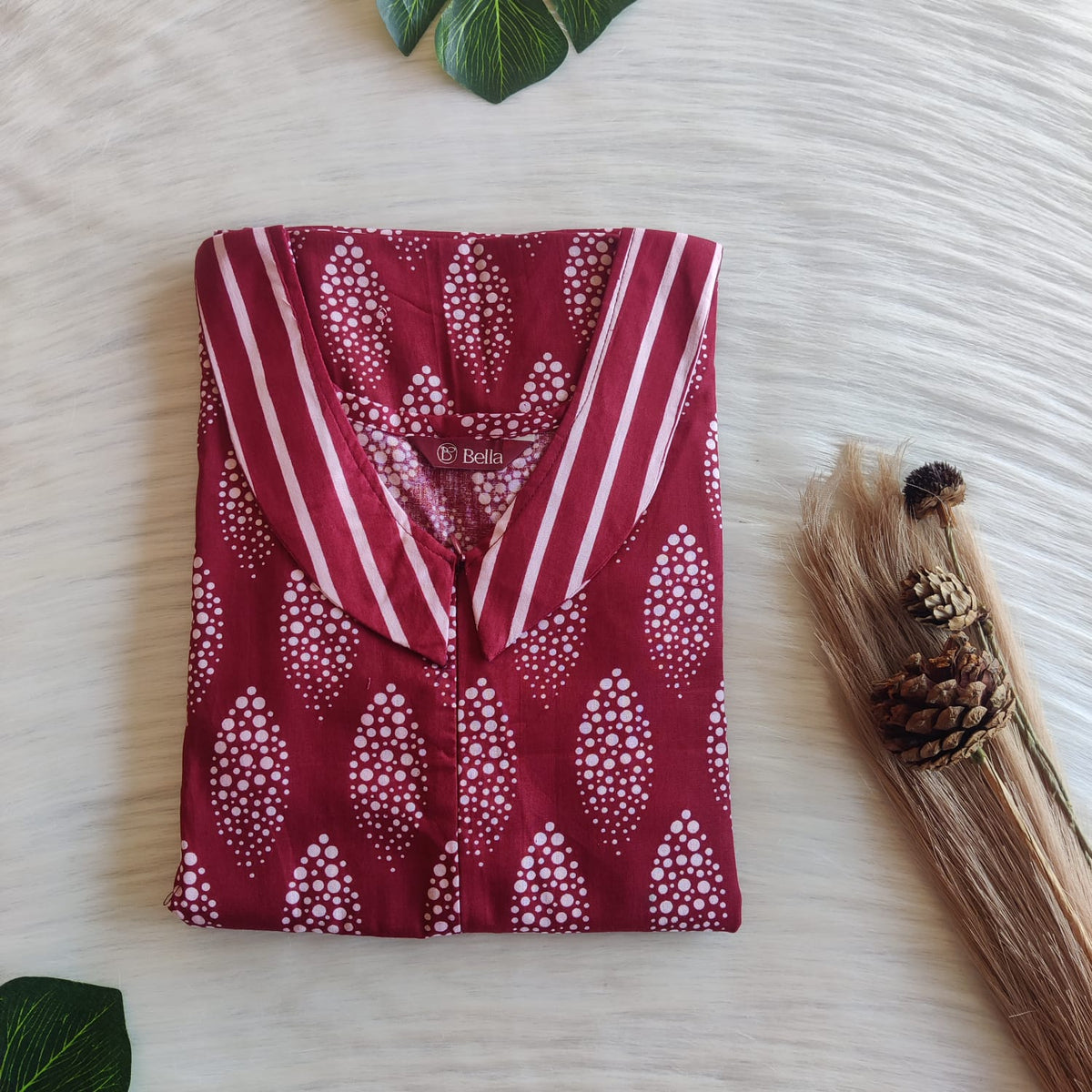 White And Maroon Floral Printed Premium Cotton Peter Pan Collar Long Zip Feeding Nighty | Free Size | Chest Width 44″| Length 56″