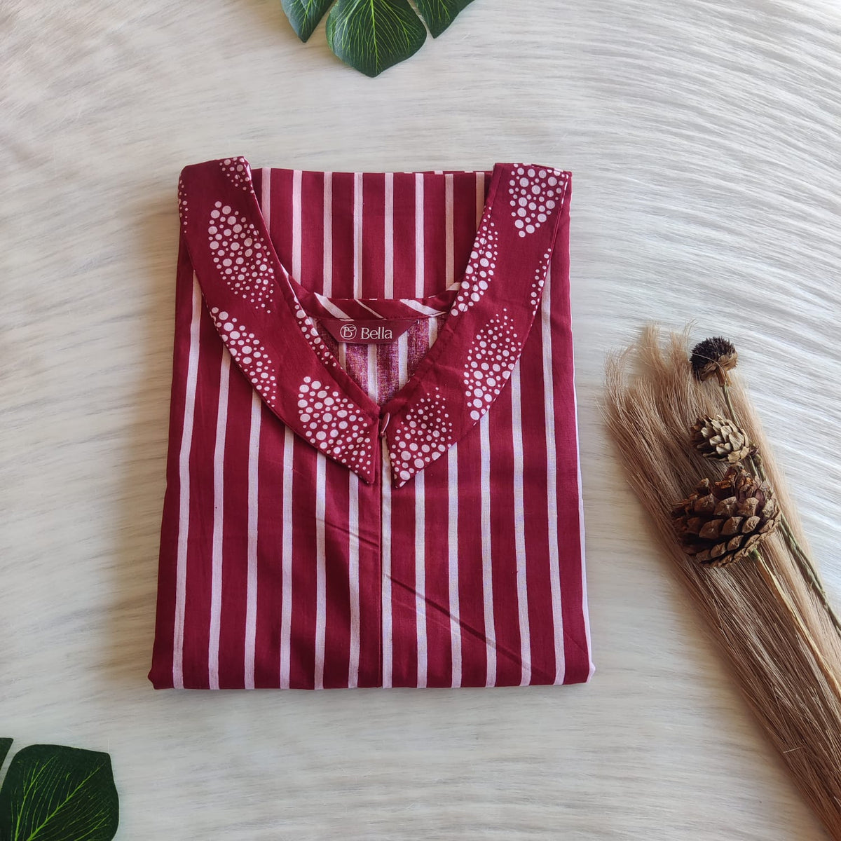 Maroon And White Stripes Printed Premium Cotton Peter Pan Collar Long Zip Feeding Nighty | Free Size | Chest Width 44″| Length 56″