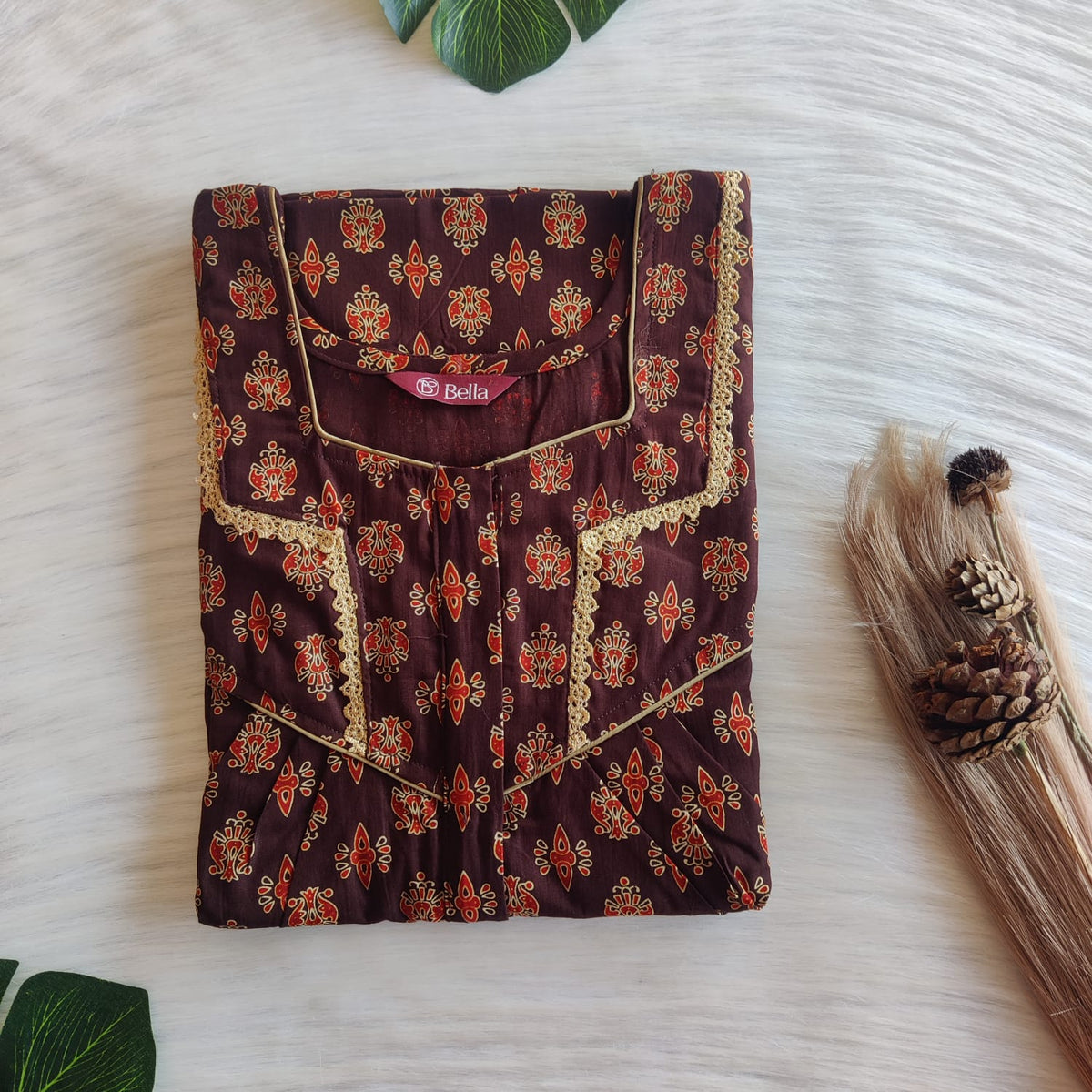 Red And Cream Printed Coffee Brown Gujari Cotton Long Zip Lace Feeding Nighty | Free Size | Chest Width 44″| Length 56″