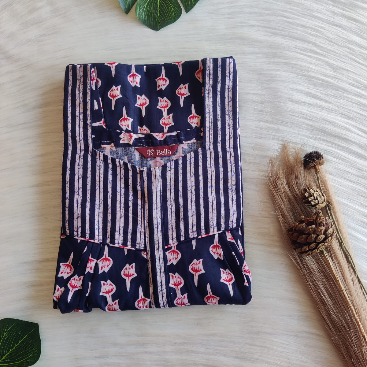 Navy Blue And Red Floral Printed Premium Cotton Square Neck Pleated Nighty | Free Size | Chest Width 44″| Length 55″-56″