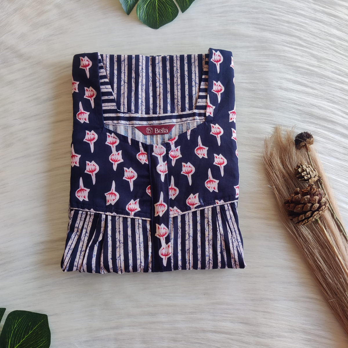 Red And Navy Blue Stripes Printed Premium Cotton Square Neck Pleated Nighty | Free Size | Chest Width 44″| Length 55″-56″