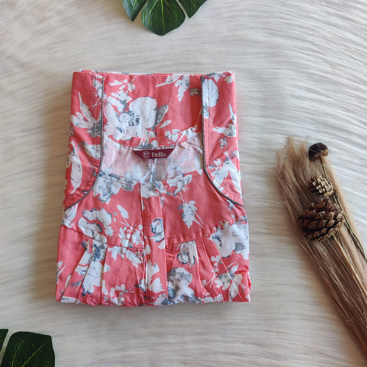 White Floral Printed Peach Pure Cotton Pleated Zip Nighty | Free Size | Chest Width 44″| Length 54″-55″