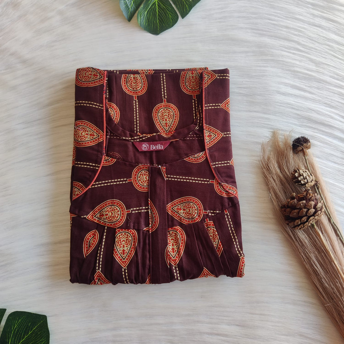 Red Kalamkari Printed Coffee Brown Gujari Cotton Pleated Zip Nighty | Chest Width 44″ | Length 54″-55″