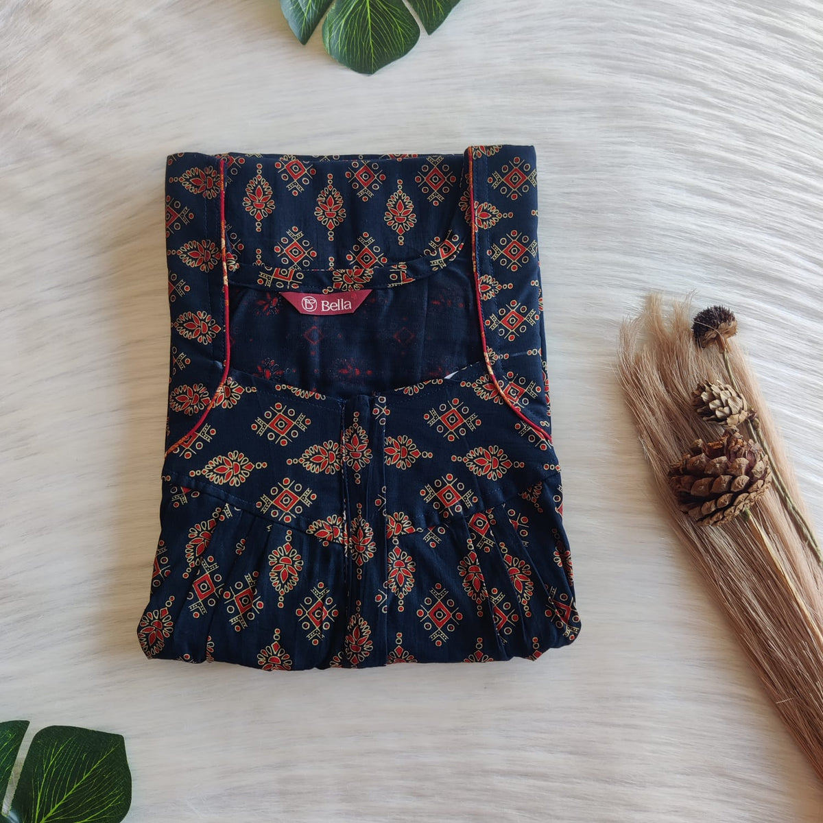 Red And Cream Printed Navy Blue Gujari Cotton Pleated Zip Nighty | Chest Width 44″ | Length 54″-55″