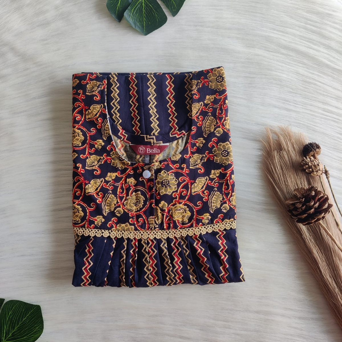 Yellow And Navy Blue ZigZag Printed Premium Cotton Lace Nighty | Free Size | Chest Width 44″| Length 54″-56″
