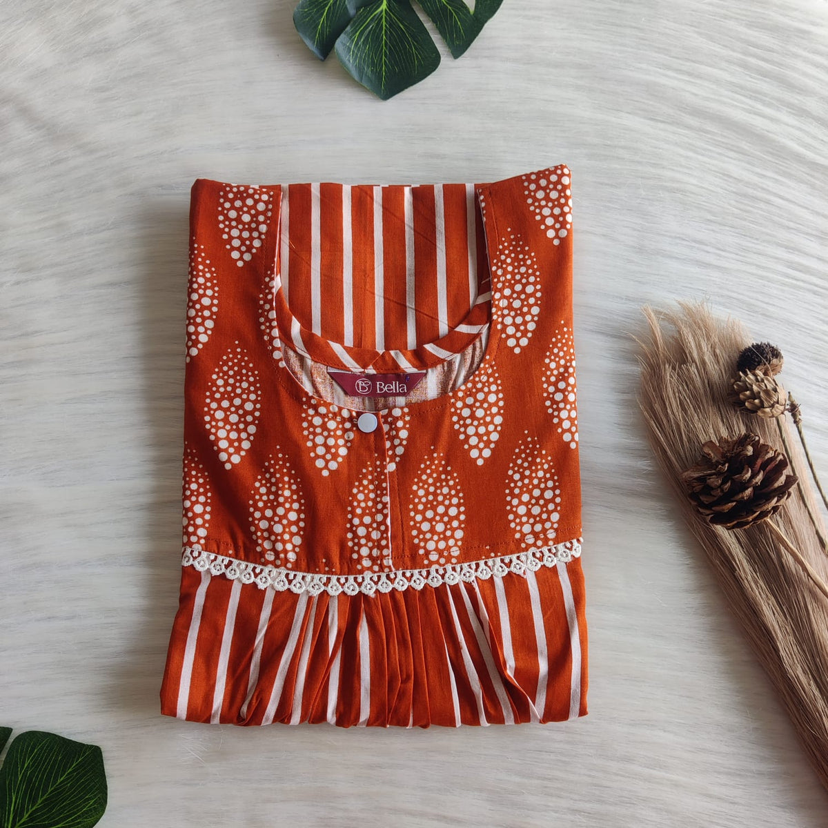 Brown And White Stripes Printed Premium Cotton Lace Nighty | Free Size | Chest Width 44″| Length 54″-56″