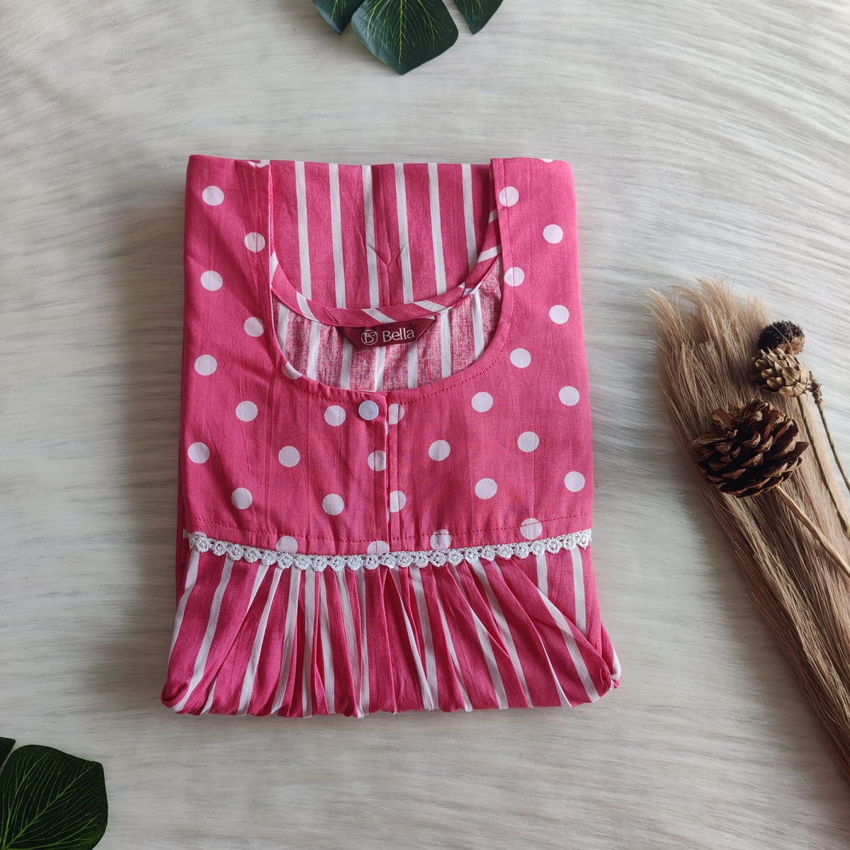 Pink And White Stripes Printed Premium Cotton Lace Nighty | Free Size | Chest Width 44″| Length 54″-56″
