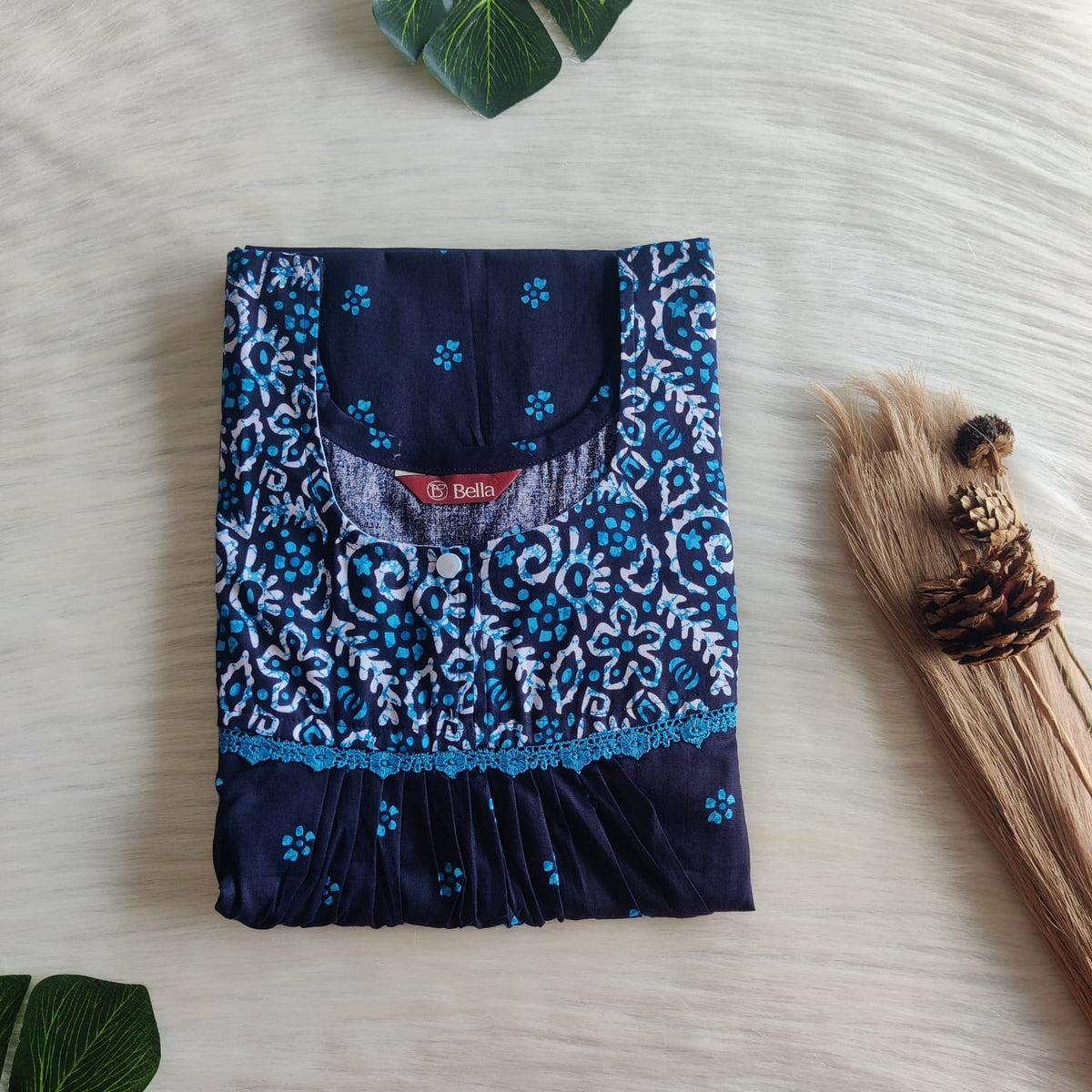 Pale And Dark Blue Printed Premium Cotton Lace Nighty | Free Size | Chest Width 44″| Length 54″-56″