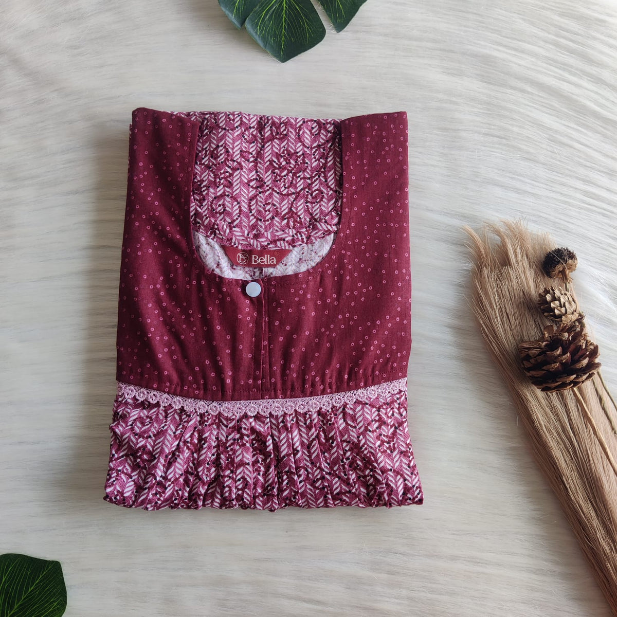 Maroon And White Printed Premium Cotton Lace Nighty | Free Size | Chest Width 44″| Length 54″-56″