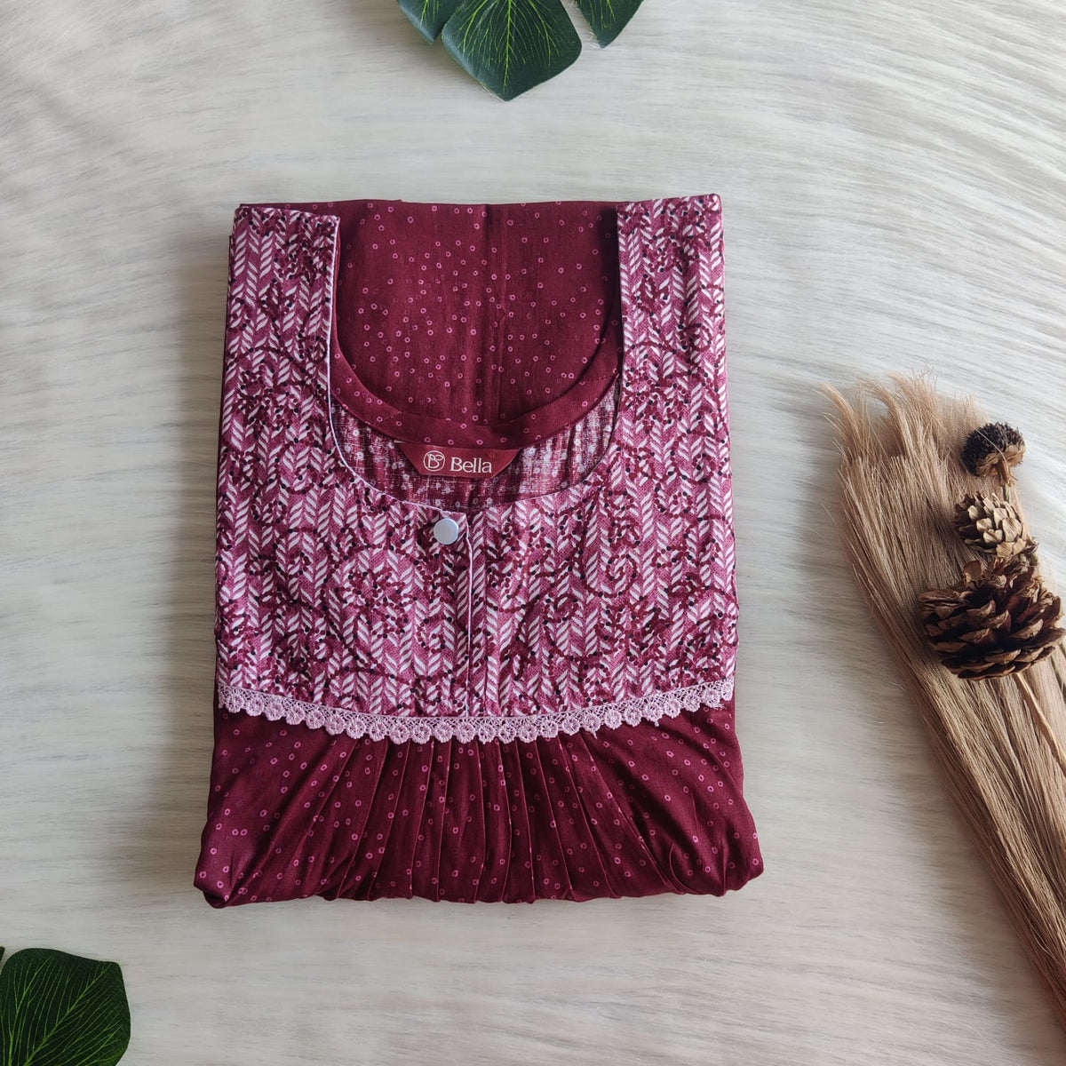 White And Maroon Printed Premium Cotton Lace Nighty | Free Size | Chest Width 44″| Length 54″-56″