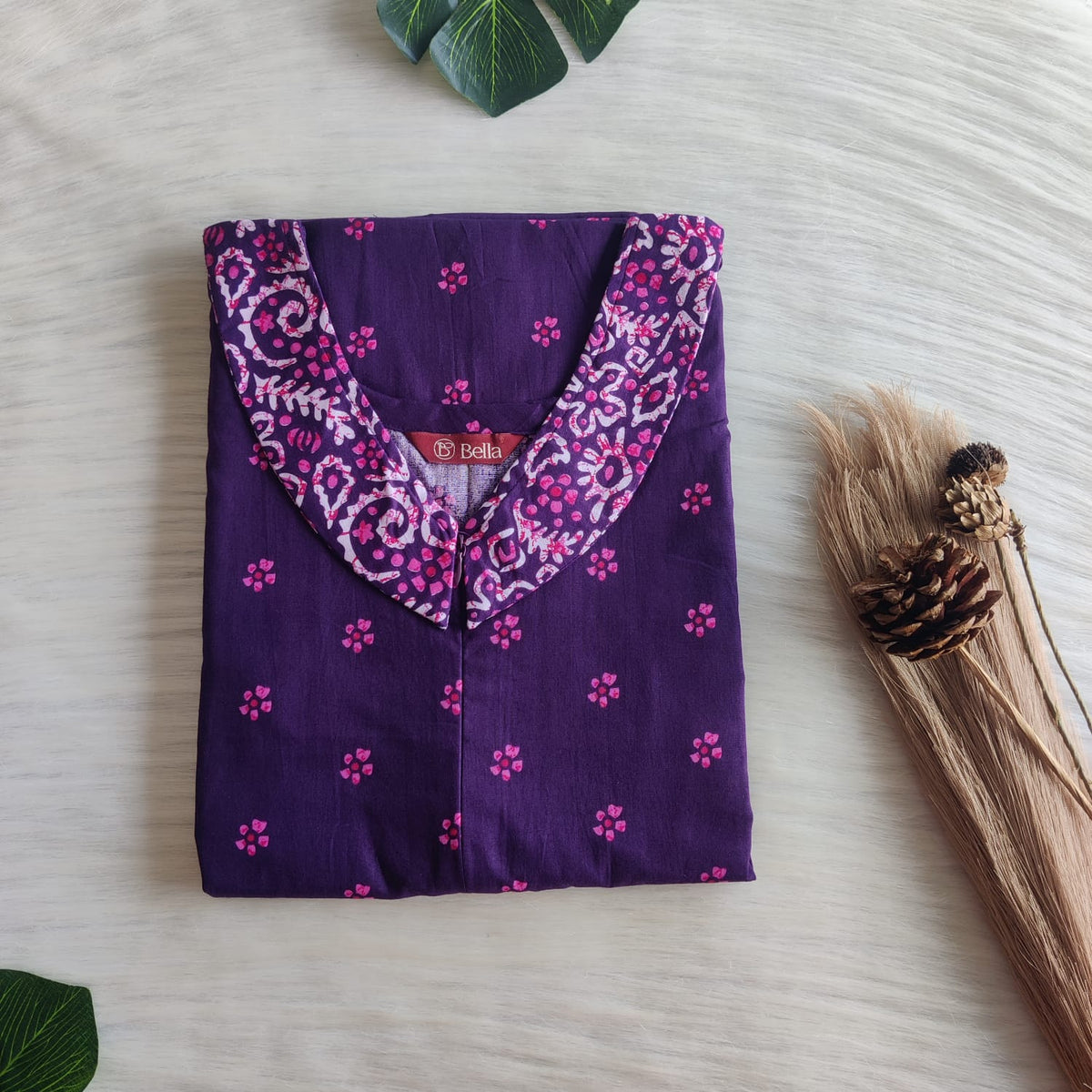 Pink And Purple Floral Printed Premium Cotton Peter Pan Collar Long Zip Feeding Nighty | Free Size | Chest Width 44″| Length 56″