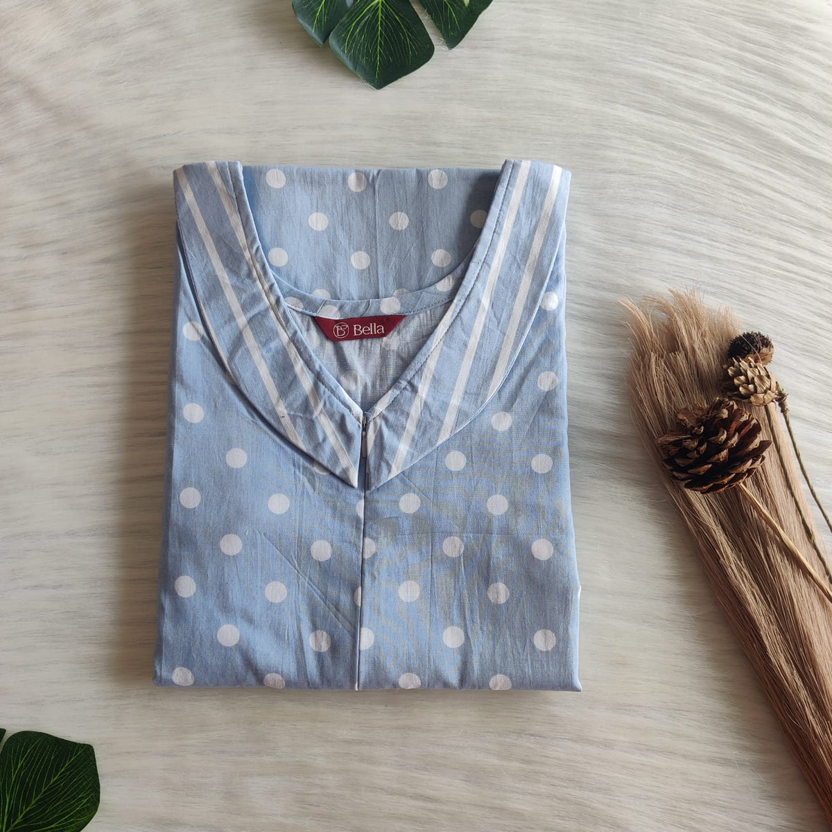 White And Ash Blue Dot Printed Premium Cotton Peter Pan Collar Long Zip Feeding Nighty | Free Size | Chest Width 44″| Length 56″