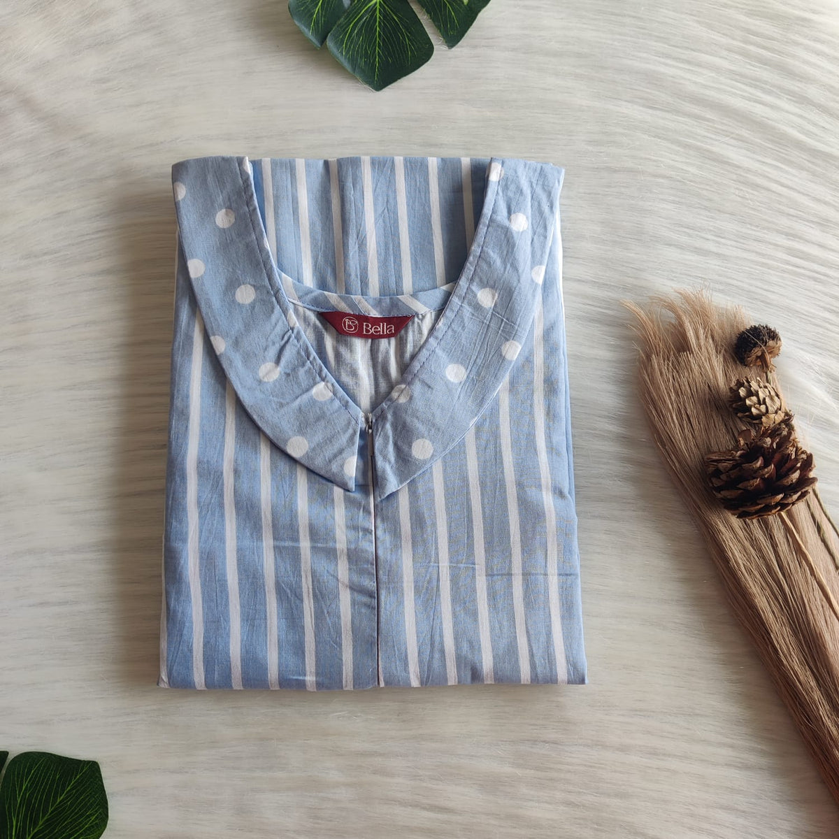 Ash Blue And White Stripes Printed Premium Cotton Peter Pan Collar Long Zip Feeding Nighty | Free Size | Chest Width 44″| Length 56″