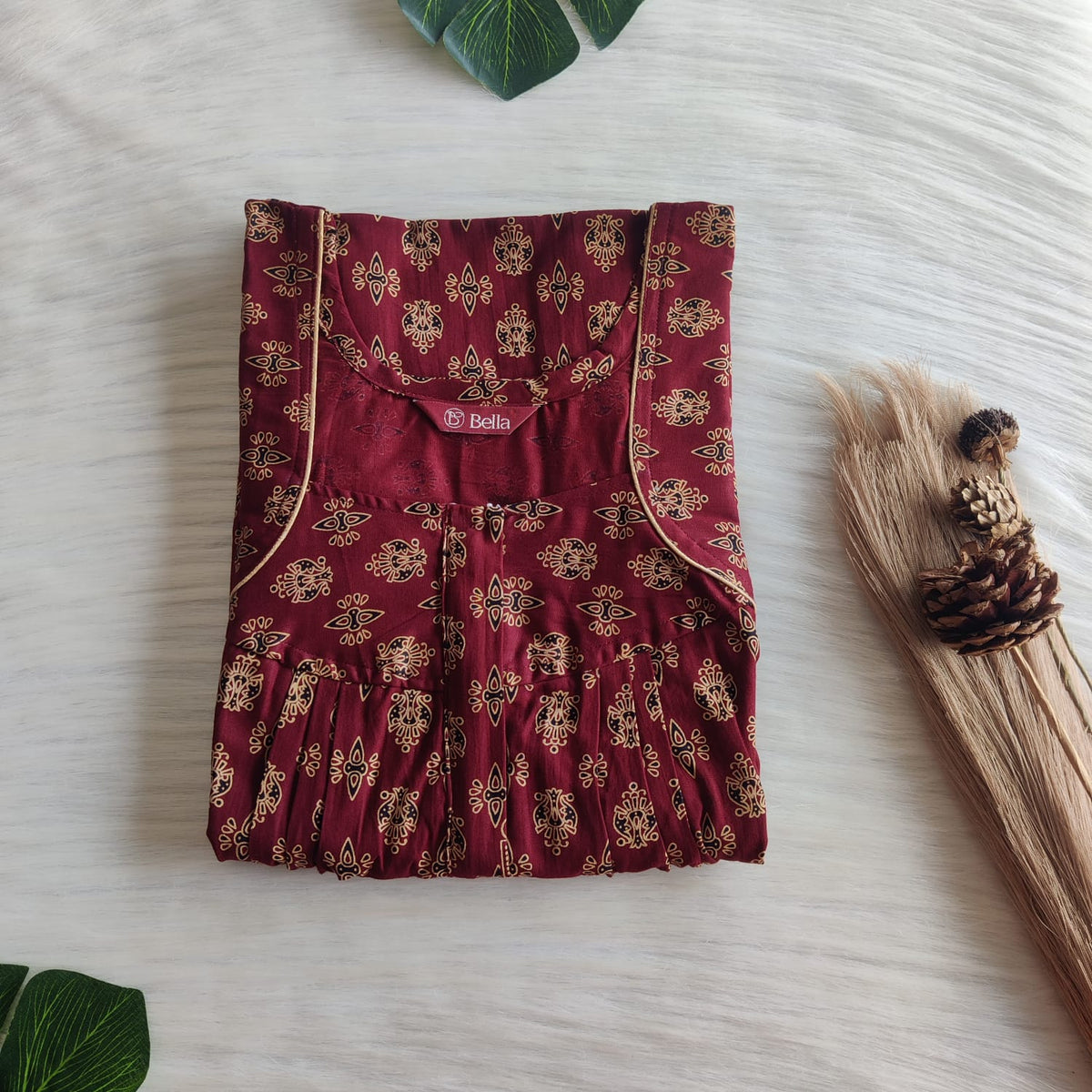 Cream Printed Maroon Gujari Cotton Pleated Zip Nighty | Chest Width 44″ | Length 54″-55″