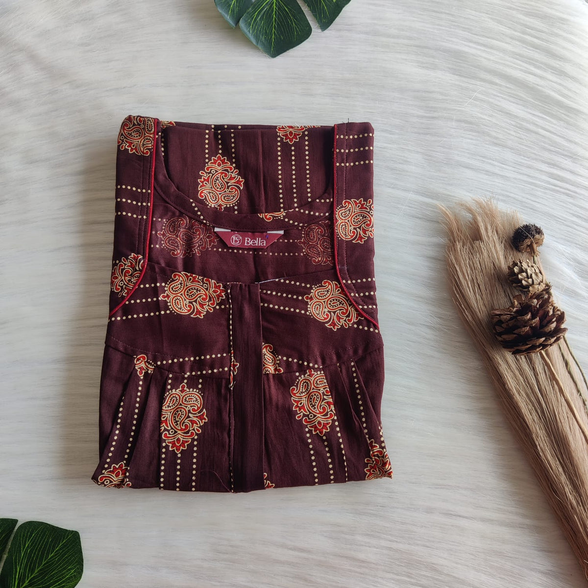 Red Printed Coffee Brown Gujari Cotton Pleated Zip Nighty | Chest Width 44″ | Length 54″-55″