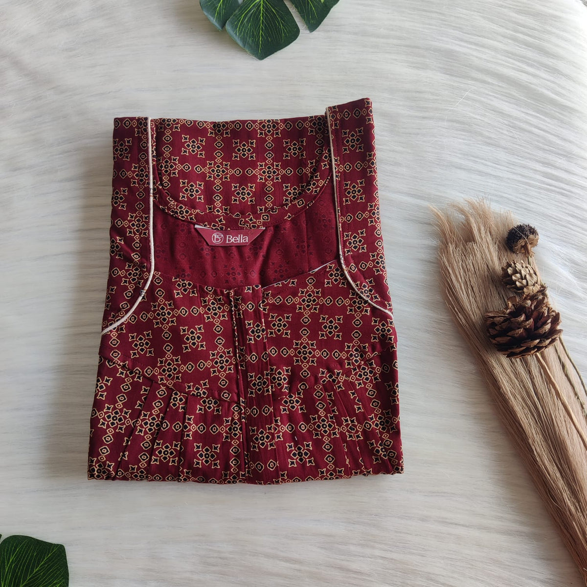 Black And Cream Printed Maroon Gujari Cotton Pleated Zip Nighty | Chest Width 44″ | Length 54″-55″