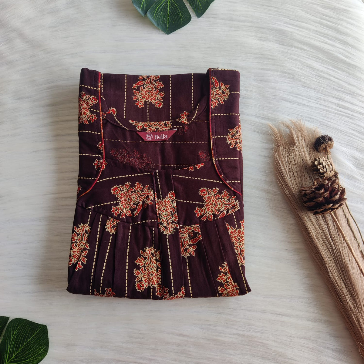 Red Floral Printed Coffee Brown Gujari Cotton Pleated Zip Nighty | Chest Width 44″ | Length 54″-55″