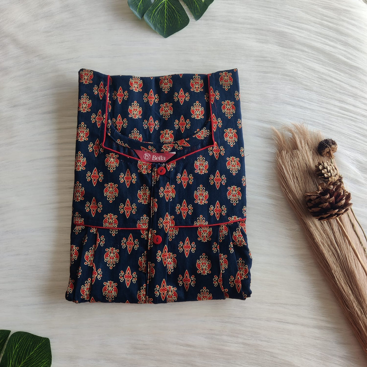 Red And Cream Printed Navy Blue Gujari Cotton Button Zip Nighty | Free Size | Chest Width 44″| Length 55″-56″