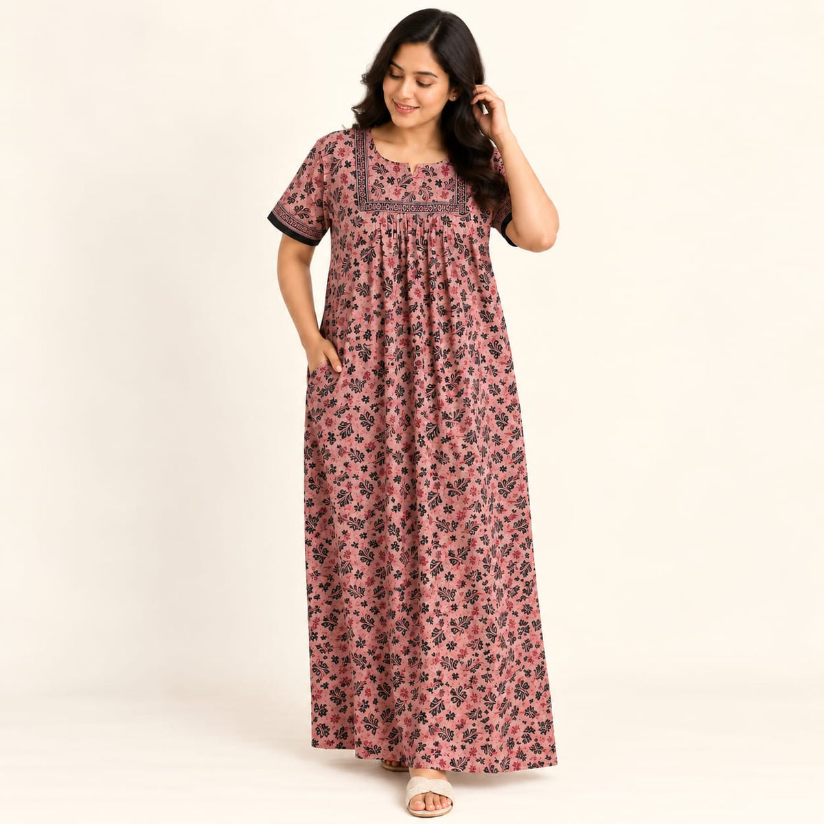 Black Floral Printed Brown Jaipur Cotton No Zip Pleated Nighty | Free Size | Chest Width 44″| Length 56″