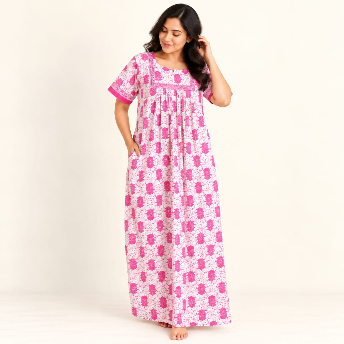 Pink Floral Printed Jaipur Cotton No Zip Pleated Nighty | Free Size | Chest Width 44″| Length 56″