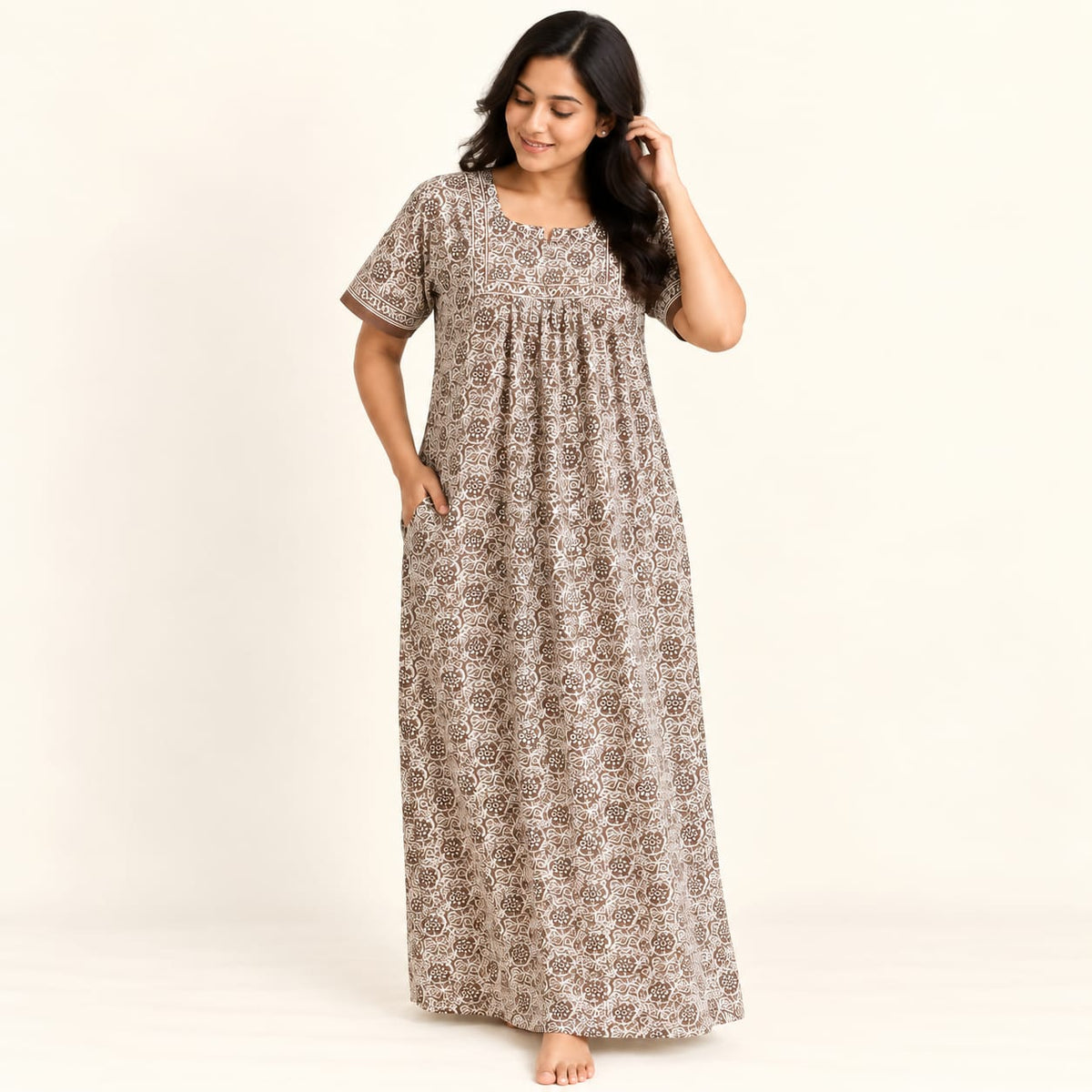 Pale Brown Floral Printed Jaipur Cotton No Zip Pleated Nighty | Free Size | Chest Width 44″| Length 56″