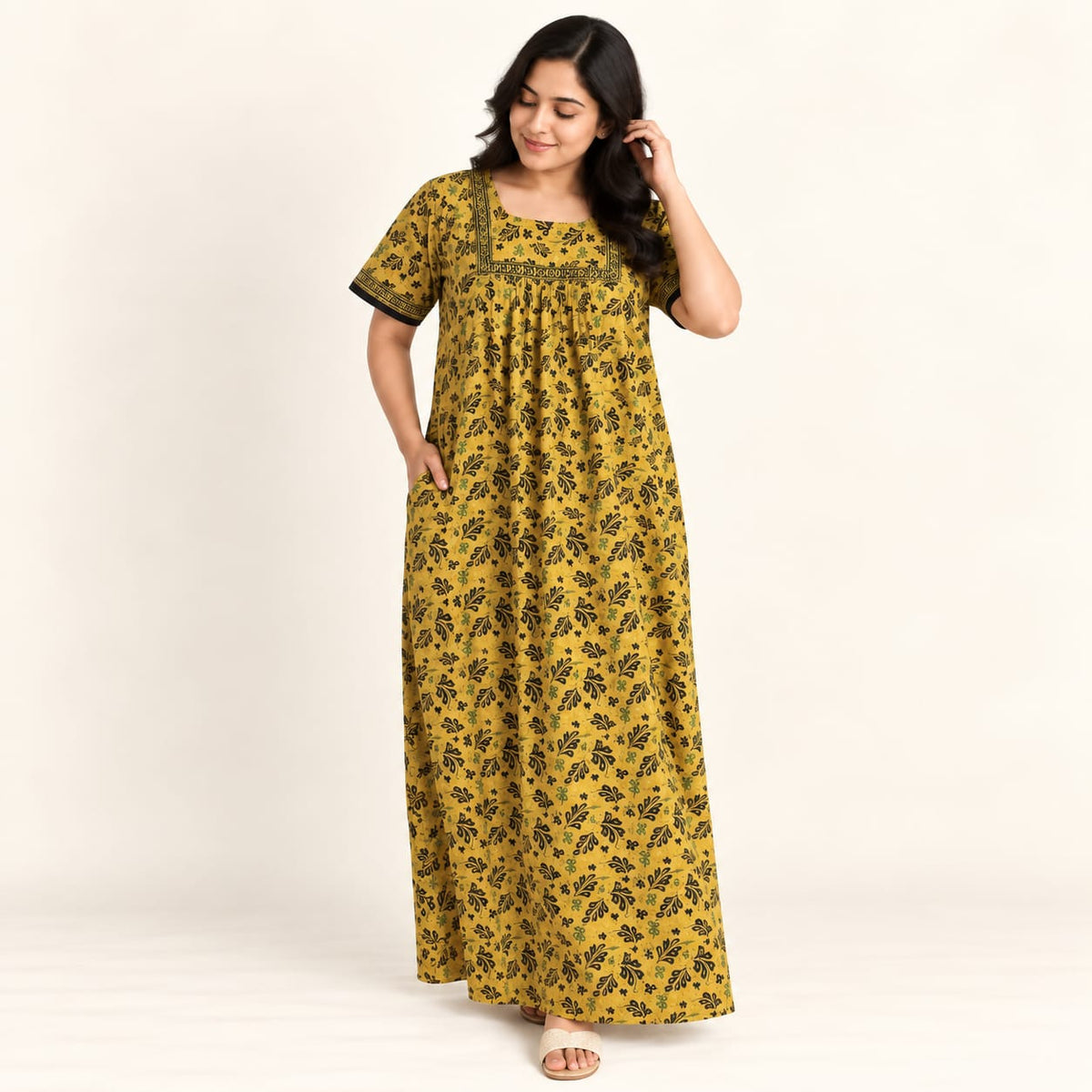 Black Floral Printed Yellow Printed Jaipur Cotton Plus Size No Zip Pleated Nighty | Chest Width 50″| Length 56″