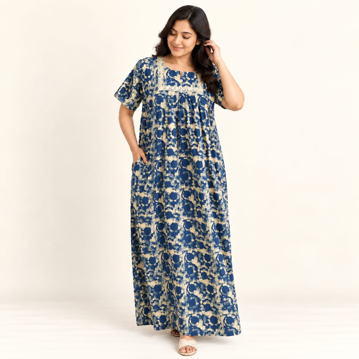 Cream Printed Blue Jaipur Cotton No Zip Pleated Nighty | Free Size | Chest Width 44″| Length 56″