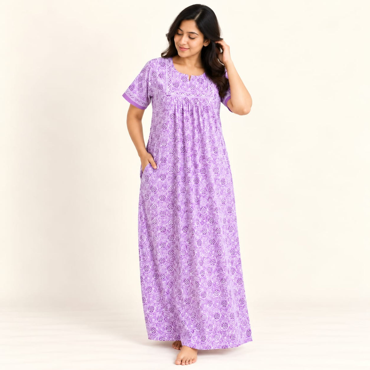 Lavender Floral Printed Jaipur Cotton Plus Size No Zip Pleated Nighty | Chest Width 50″| Length 56″