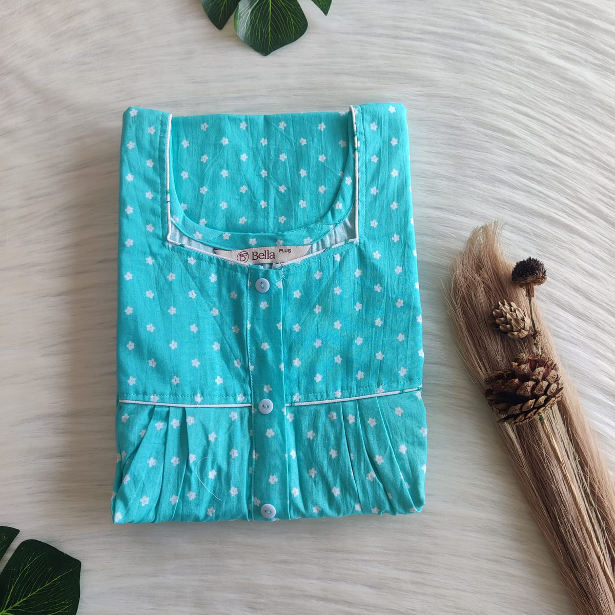 Aqua Blue Floral Printed Premium Cotton Plus Size Button Zip Nighty | Chest Width 50″| Length 55″-56″