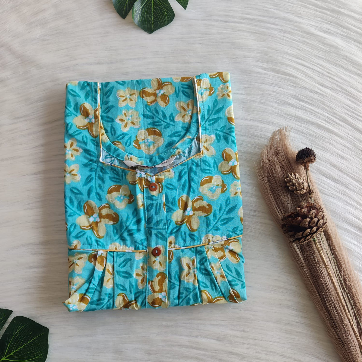 Yellow Floral Printed Blue Premium Cotton Plus Size Button Zip Nighty | Chest Width 50″| Length 55″-56″