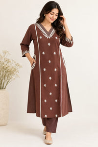 Coffee Brown Embroidered Cotton Co-Ord Set
