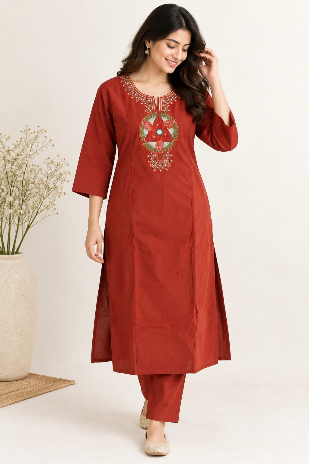 Rust Orange Embroidered Cotton Co-Ord Set