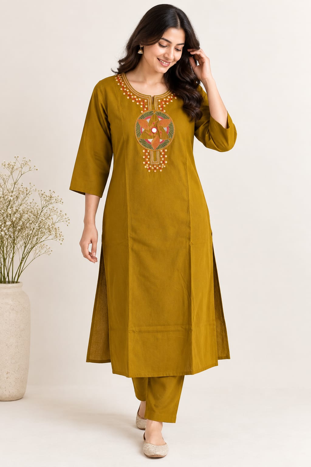 Mustard Yellow Embroidered Cotton Co-Ord Set