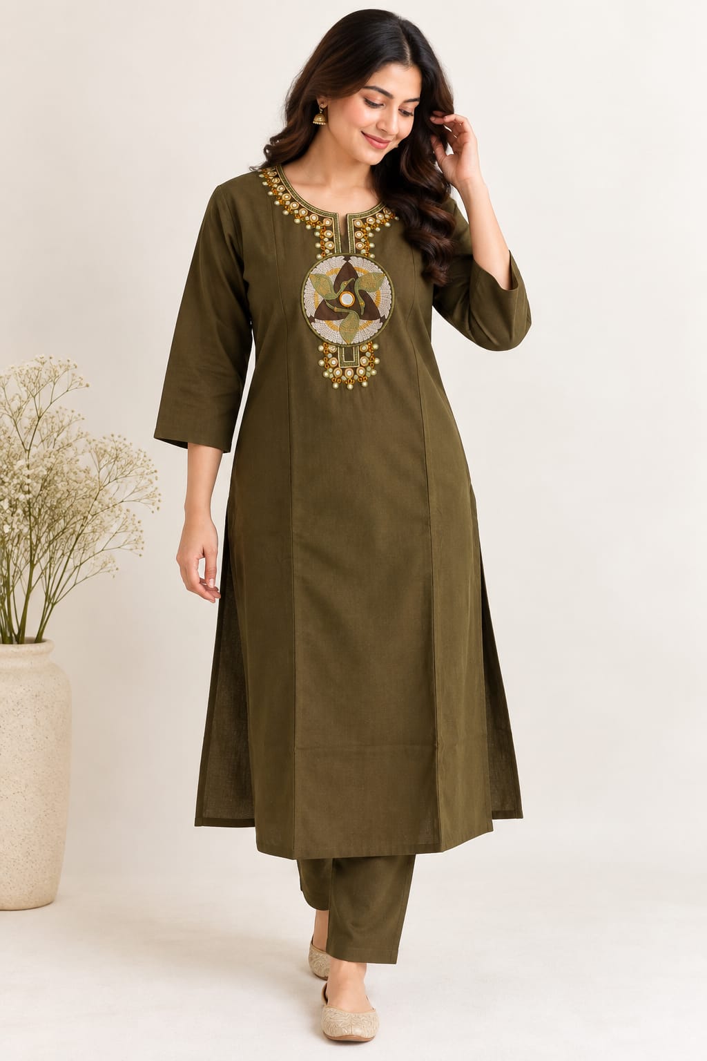 Olive Green Embroidered Cotton Co-Ord Set