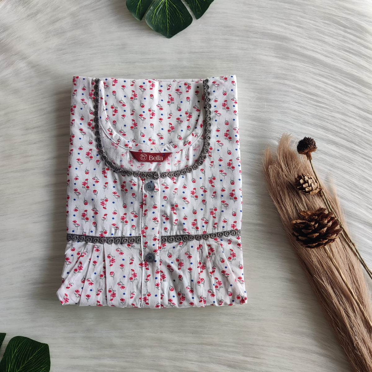 Red Floral Printed White Pure Cotton Lace Button Nighty | Free Size | Chest Width 44"| Length 54"-56"