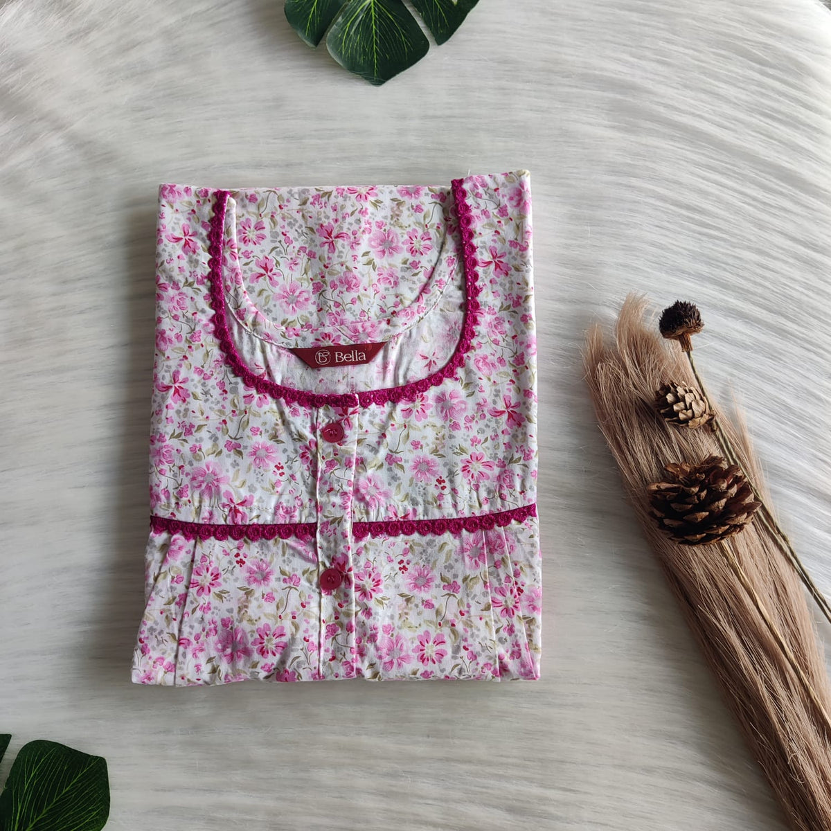 Pink Floral Printed White Pure Cotton Lace Button Nighty | Free Size | Chest Width 44"| Length 54"-56"