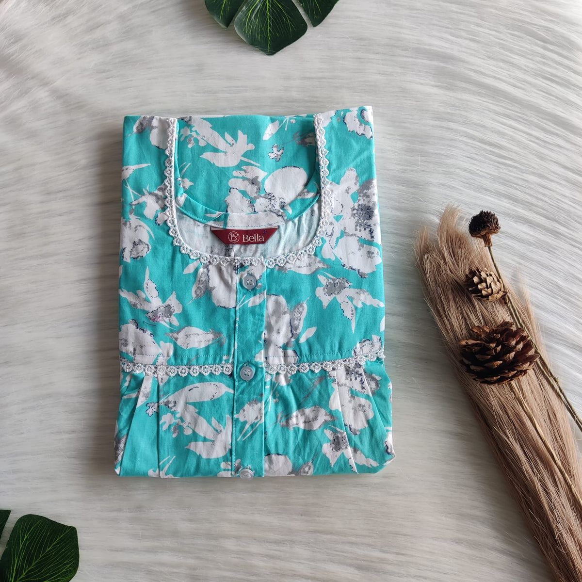 White Floral Printed Blue Pure Cotton Lace Button Nighty | Free Size | Chest Width 44"| Length 54"-56"