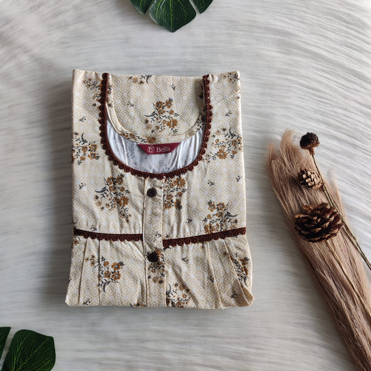 Pale Brown Printed  Pure Cotton Lace Button Nighty | Free Size | Chest Width 44"| Length 54"-56"