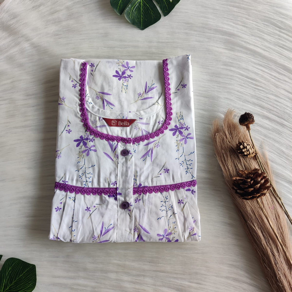 Purple Floral Printed White Pure Cotton Lace Button Nighty | Free Size | Chest Width 44"| Length 54"-56"