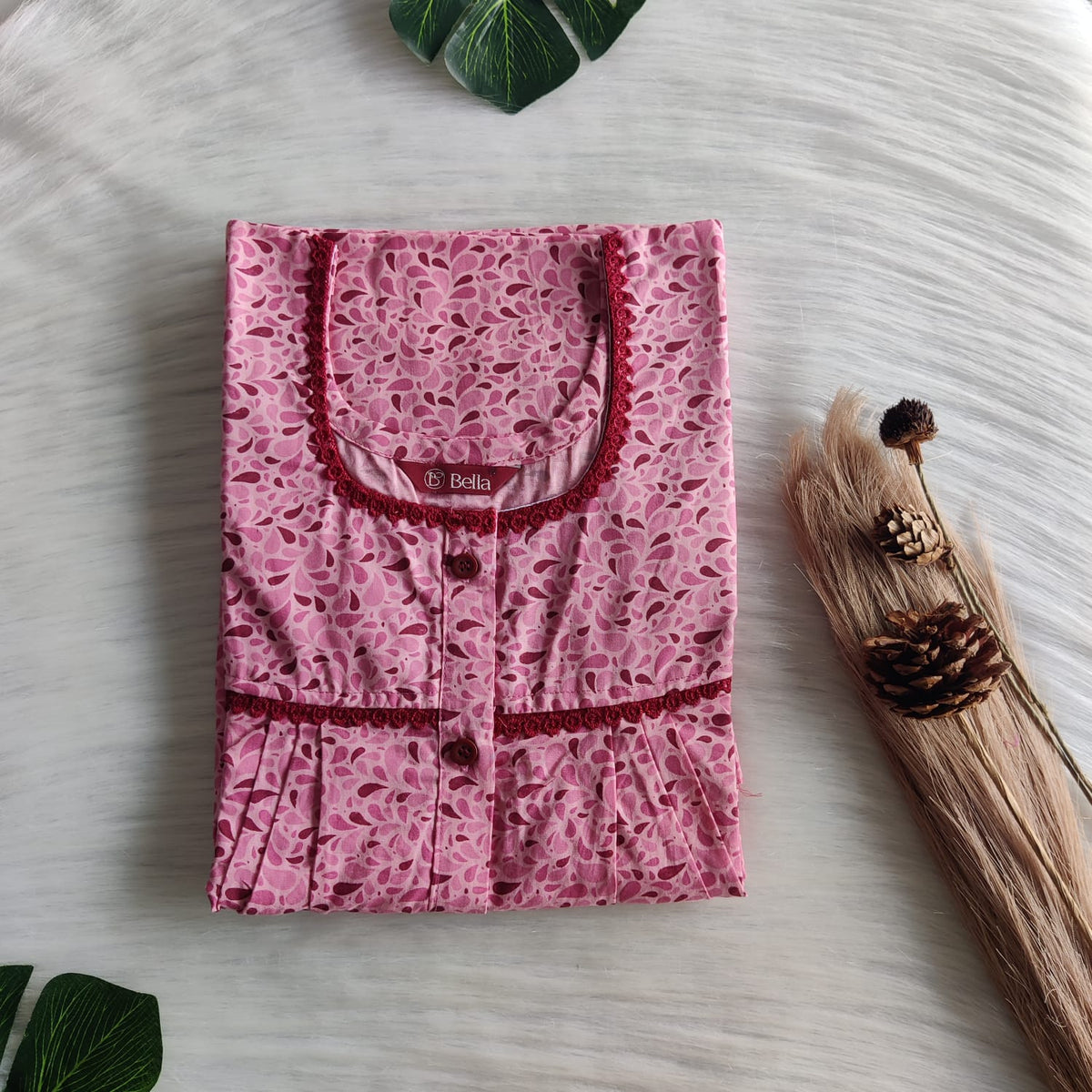 Peach And Maroon Printed Pure Cotton Lace Button Nighty | Free Size | Chest Width 44"| Length 54"-56"