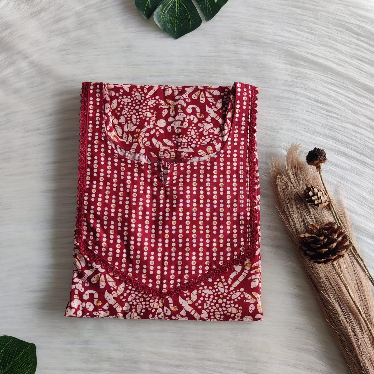 Maroon And Cream Printed Premium Cotton Mix N Match Lace Pocket Nighty | Free Size | Chest Width 44″| Length 56″